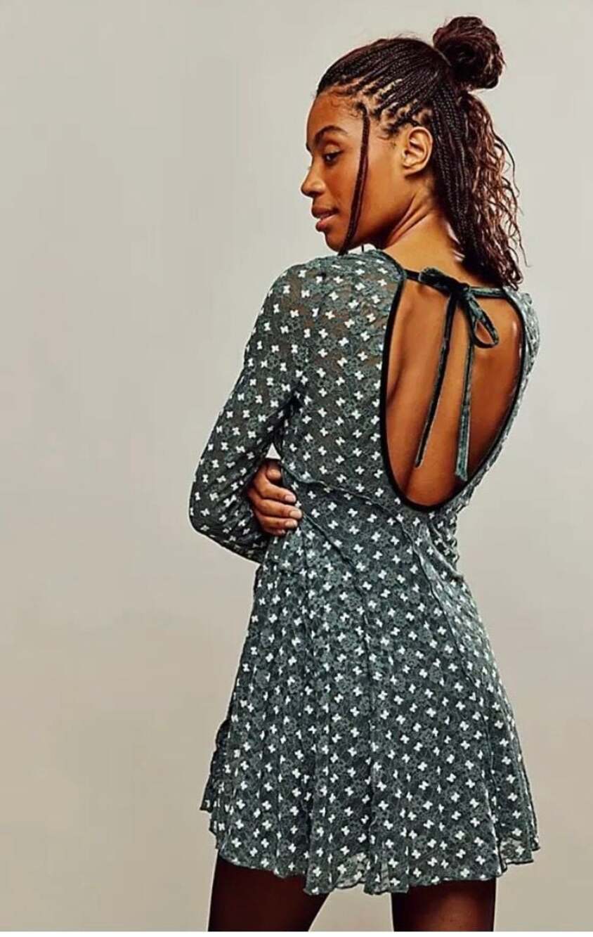 Free People Sheer Delight Green Lace Open Back Mini Dress Topiary Combo - Picture 2 of 6